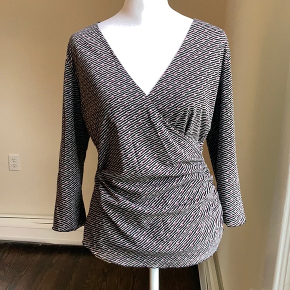 Sigrid Olsen Black white Pink Ruched Wrap Top sz Small - Picture 3 of 15